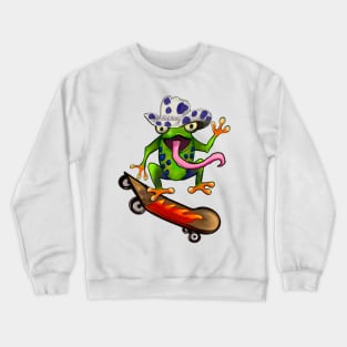 Frog Kawaii Froggy Skateboarding Cute Frog in blue Texas cowboy hat Funny toad toads amphibian tadpole Green Red eyed tree frogs rain forest Lizard dragon zoology gift frog Crewneck Sweatshirt